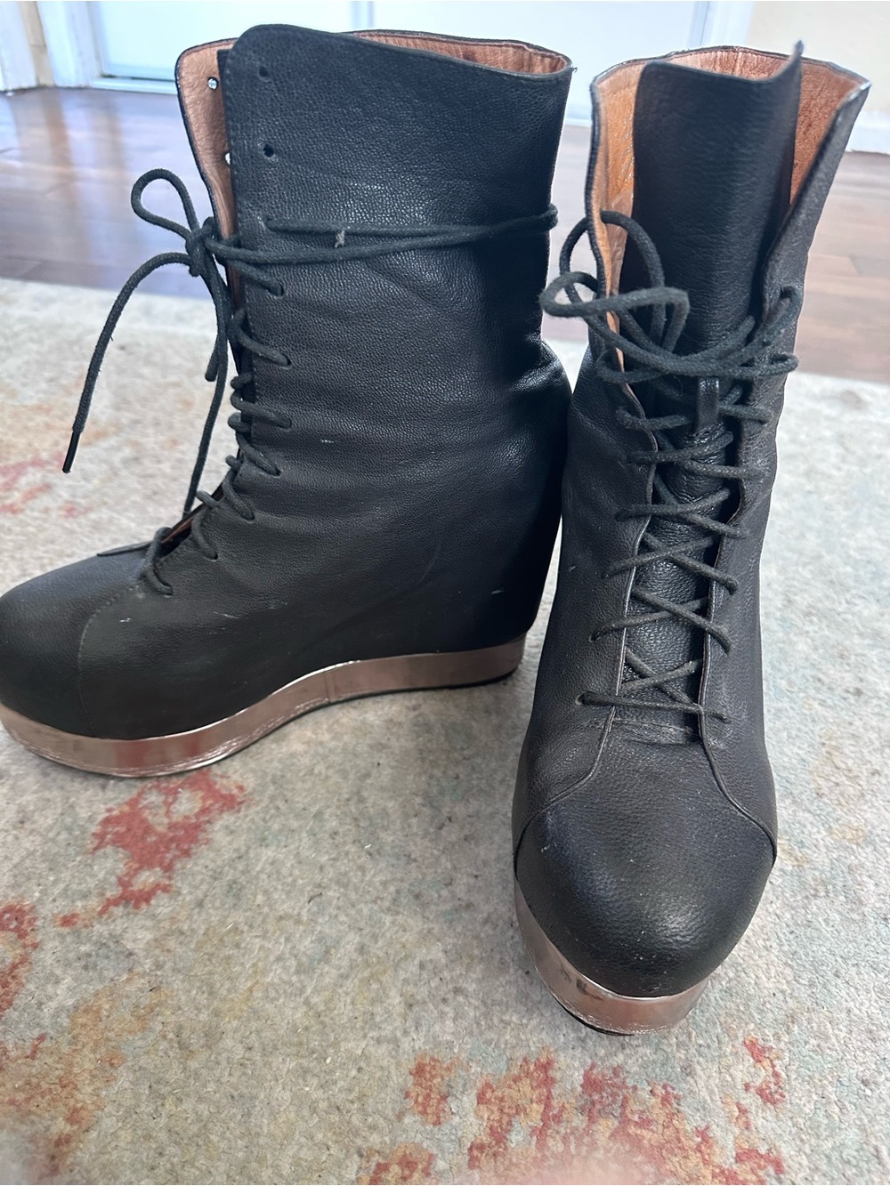 Rare Jeffrey Campbell Back Off Black Lace-Up Platform Wedge Boots Metallic Trim